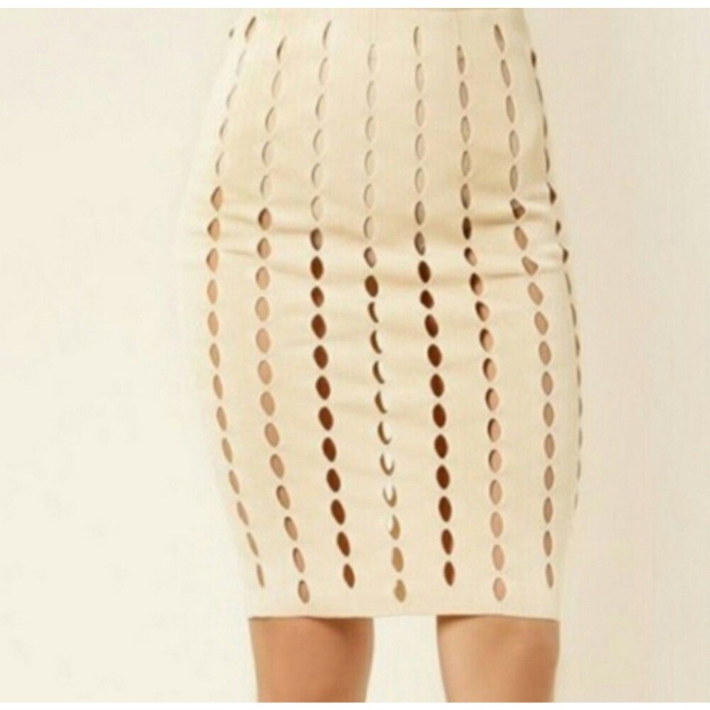 Gold Label Wow Couture Knit  Pencil Midi Skirt-Beige w/ Cutouts Stretch -Size M